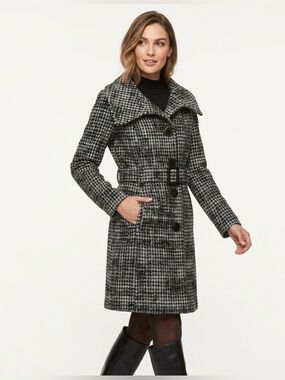 Soia & Kyo Wool Blend Tweed Belted Trench Coat - Black & White Houndstooth Small